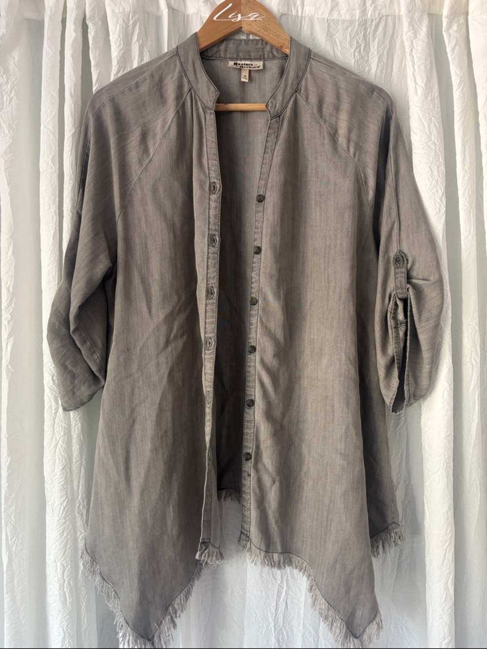 Thread & Supply Frayed-Hem Button Front Blouse in Gray - Picture 1 of 13